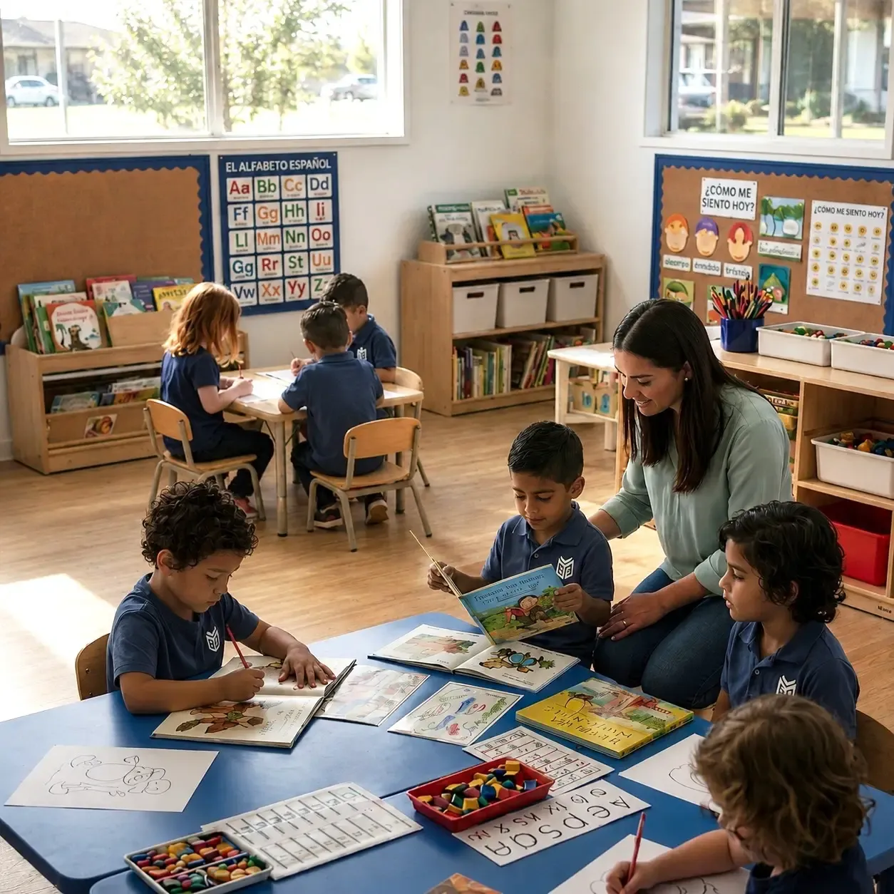 Maestra leyendo un cuento a un grupo de alumnos de Colegio Manabi